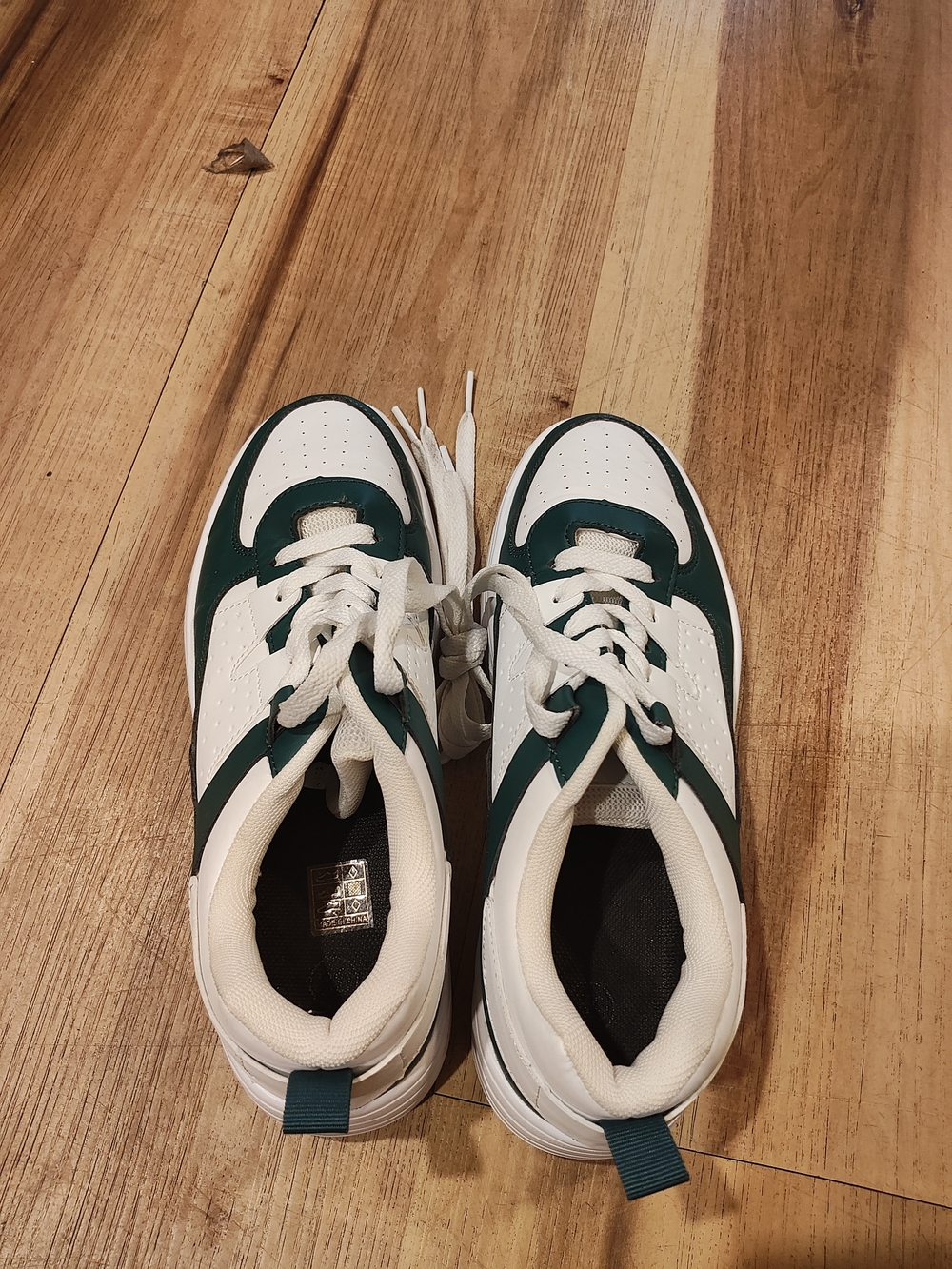White and Dark Green Lace-Up Athletic Sneakers